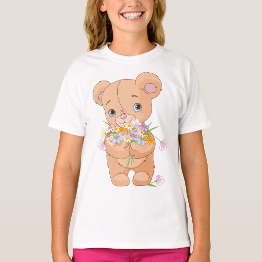 Teddy Bearが花束の女の子のTシャツを持つ Tシャツ (正面)