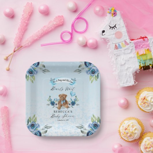 Teddy Bearが青い少年の赤ちゃんシャワーを心待ちにできる ペーパープレート (パーティー)