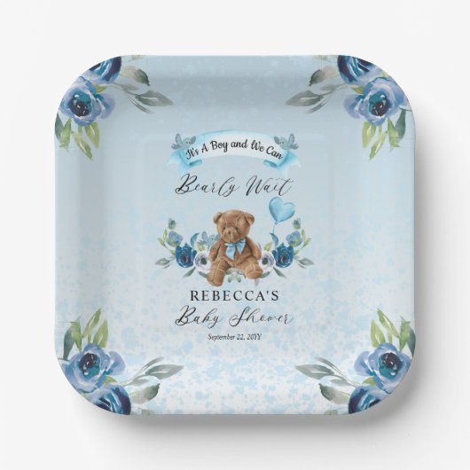 Teddy Bearが青い少年の赤ちゃんシャワーを心待ちにできる ペーパープレート (正面)