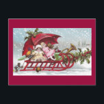 Teddy BearとDolls on Sled Vintage Christmas シーズンポストカード<br><div class="desc">1907年からヴィンテージのクリスマスポストカードに入った傘の下のソリに、テディベアと人形が乗っている。</div>