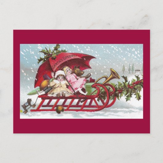 Teddy BearとDolls on Sled Vintage Christmas シーズンポストカード (正面)