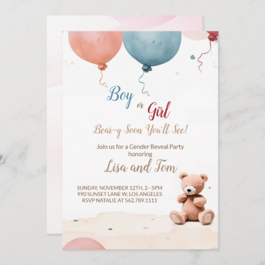 Teddy Bearのパーティー:ジェンダーの公開招待状 招待状 (正面/裏面)