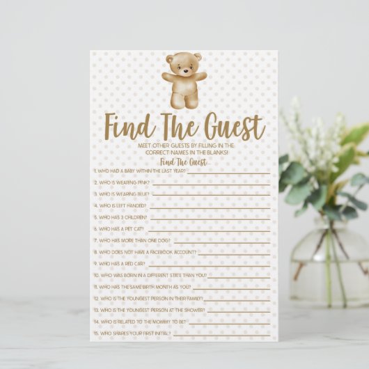 Teddy Bearゲスト赤ちゃんシャワーゲームを見つける 便箋 (スタンド正面)
