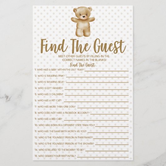 Teddy Bearゲスト赤ちゃんシャワーゲームを見つける 便箋 (正面)