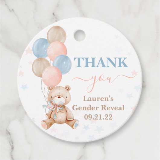 Teddy Bearジェンダーが赤ちゃんシャワーメッセージカードを明らかにする フェイバータグ (正面)