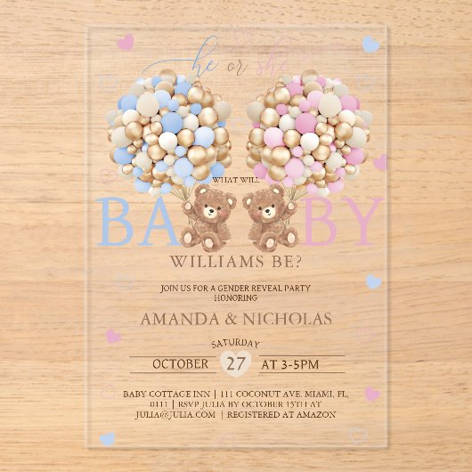 Teddy Bearジェンダーの発表 アクリル招待状 (正面)