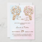 Teddy Bearソフトピンク&ブルーバルーン性別の表示 招待状 (正面)