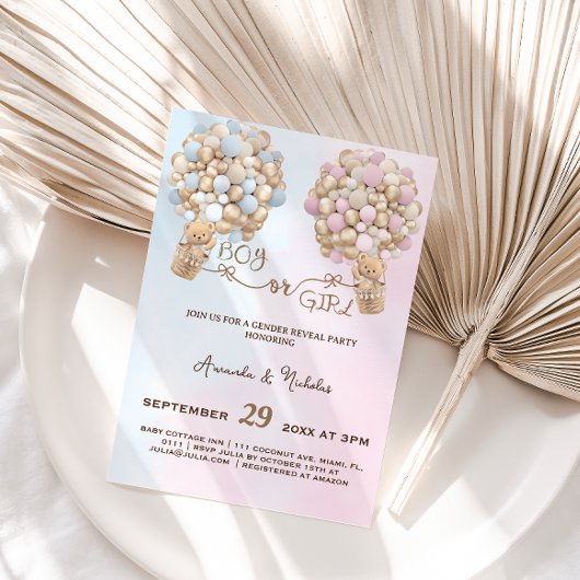Teddy Bearソフトピンク&ブルーバルーン性別の表示 招待状
