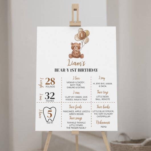 Teddy Bearバルーン最初の誕生日マイルストーン記号 ポスター