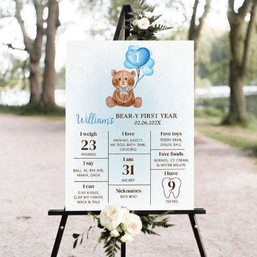 Teddy Bearバルーン最初の誕生日マイルストーン記号 ポスター