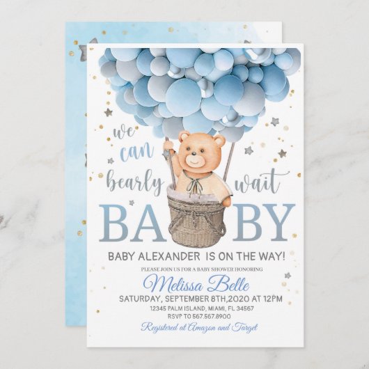 Teddy BearベビーシャワーとバルーンTeddy Bear 招待状 (正面/裏面)