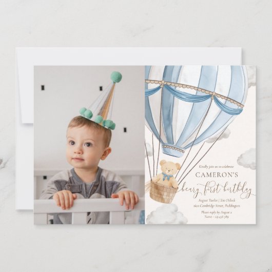 Teddy Bearホットヘアバルーン最初の誕生日写真 招待状 (正面)