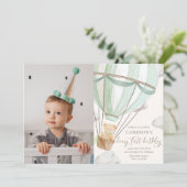 Teddy Bearホットヘアバルーン最初の誕生日写真 招待状 (スタンド正面)