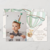 Teddy Bearホットヘアバルーン最初の誕生日写真 招待状 (正面/裏面)