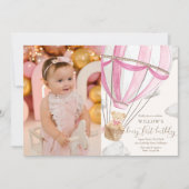 Teddy Bearホットヘアバルーン最初の誕生日写真 招待状 (正面)