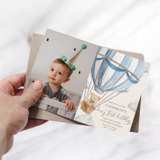 Teddy Bearホットヘアバルーン最初の誕生日写真 招待状