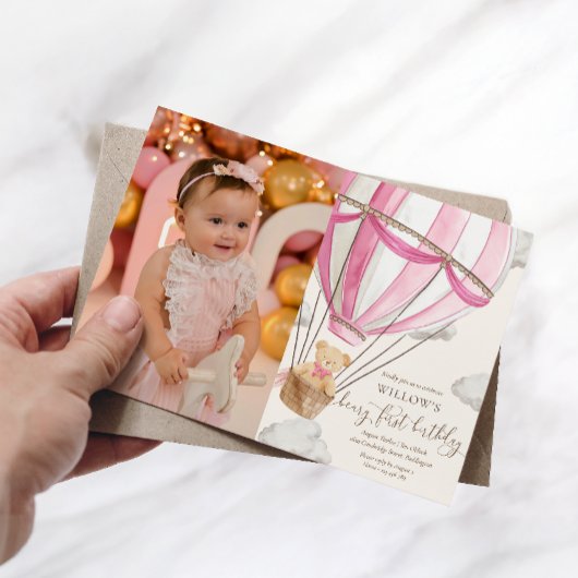 Teddy Bearホットヘアバルーン最初の誕生日写真 招待状