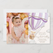 Teddy Bearホットヘアバルーン最初の誕生日写真 招待状 (正面)