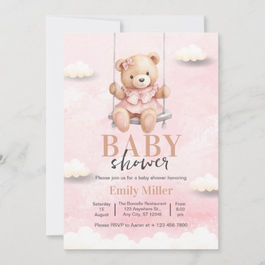 Teddy Bear女の子の赤ちゃんシャワー、ピンクの赤ちゃんシャワー 招待状 (正面)