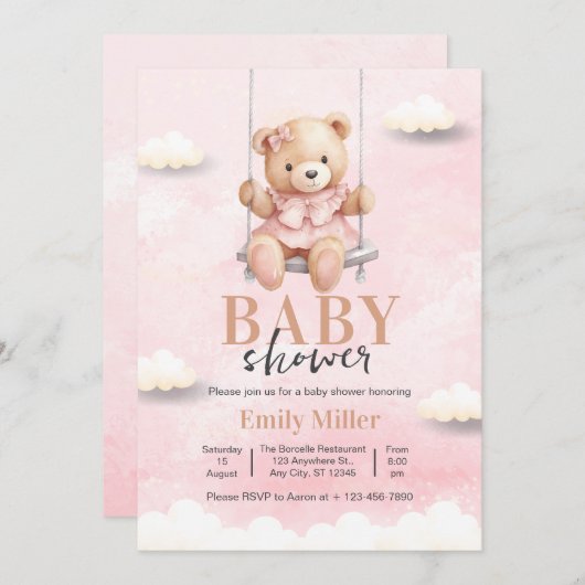 Teddy Bear女の子の赤ちゃんシャワー、ピンクの赤ちゃんシャワー 招待状 (正面/裏面)