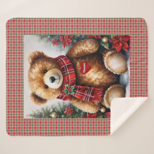 Teddy Bear彼のクリスマスに子供の名前を追加ハート シェルパブランケット (正面(横))