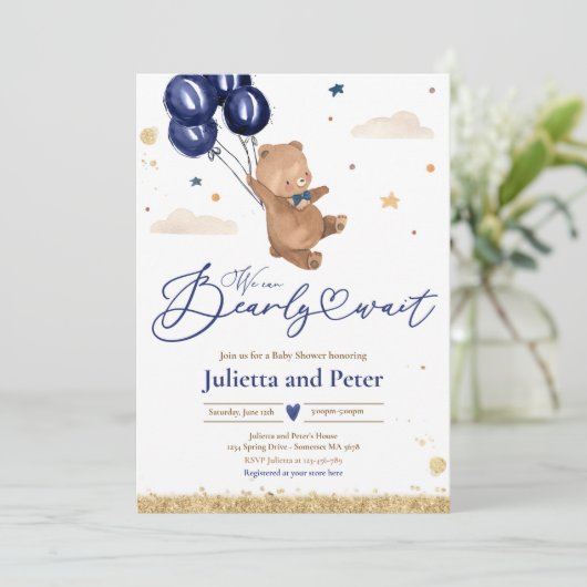 Teddy Bear我々はボーイネイビー赤ちゃんシャワーを待つことができる 招待状 (スタンド正面)