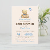 Teddy Bear我々は心底待ち男の子の赤ちゃんシャワーinv 招待状 (スタンド正面)