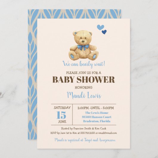Teddy Bear我々は心底待ち男の子の赤ちゃんシャワーinv 招待状 (正面/裏面)