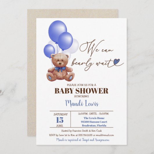 Teddy Bear我々は心底待ち男の子の赤ちゃんシャワーinv 招待状 (正面/裏面)