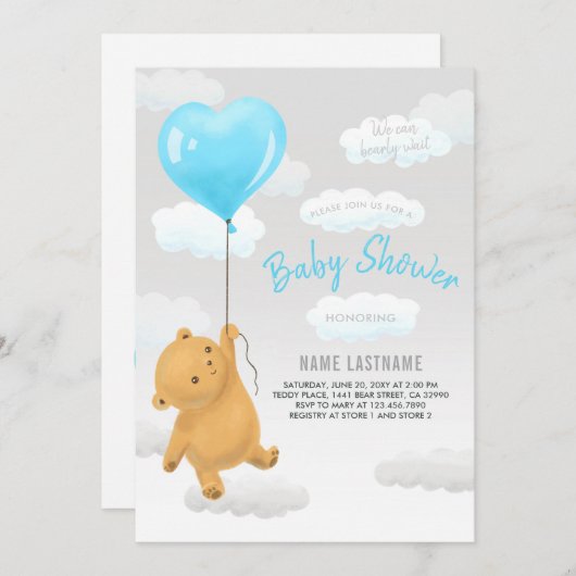 Teddy Bear我々は男の子の赤ちゃんシャワーを心待ちにできる 招待状 (正面/裏面)