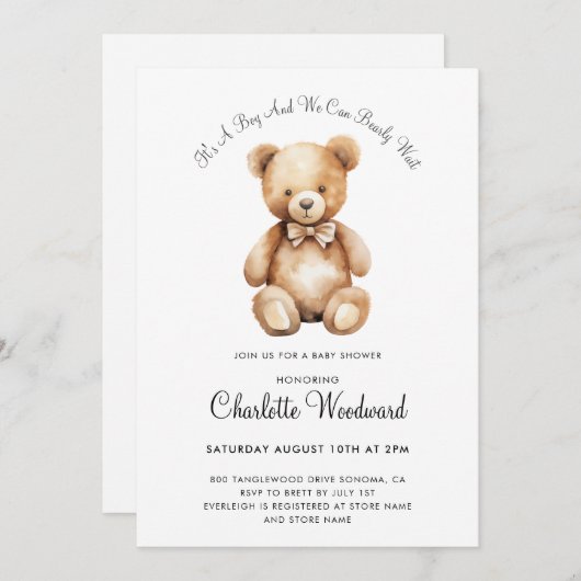 Teddy Bear我々は男の子の赤ちゃんシャワーを心待ちにできる 招待状 (正面/裏面)