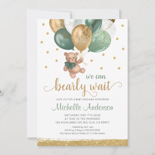 Teddy Bear我々は赤ちゃんシャワーを待つことができる 招待状 (正面)