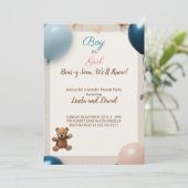 Teddy Bear熱い風船：男の子または女の子の性別の明け 招待状 (スタンド正面)