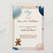 Teddy Bear熱い風船：男の子または女の子の性別の明け 招待状 (正面/裏面)