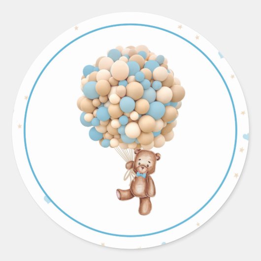 Teddy Bear熱気球ベビーシャワーステッカー ラウンドシール (正面)