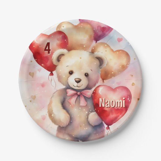 Teddy Bear誕生日追加の名前と年齢 ペーパープレート (正面)