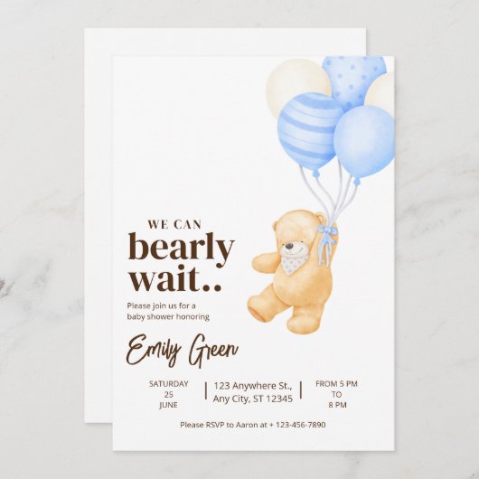 Teddy Bear赤ちゃんシャワー私たちは心底待ちミニマルできる 招待状 (正面/裏面)