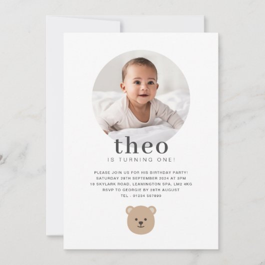 Teddy Bear顔 – 写真誕生日 招待状 (正面)