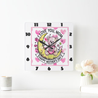 Teddy Bear：愛、ハート、最高のマム スクエア壁時計