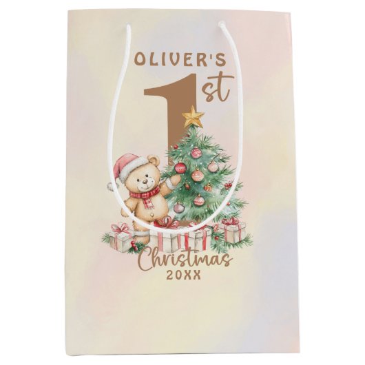 Teddy Bear 1stクリスマスツリーとギフト ミディアムペーパーバッグ (正面)