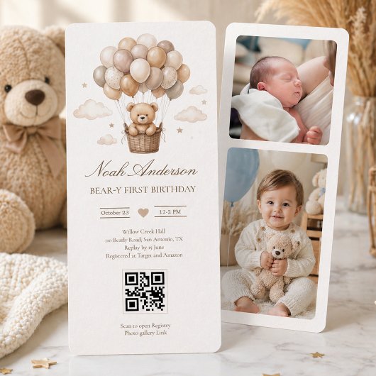Teddy Bear 1st Birthday | ニュートラル ボホ テーマ QR 招待状