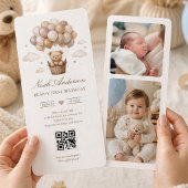 Teddy Bear 1st Birthday | ニュートラル ボホ テーマ QR 招待状