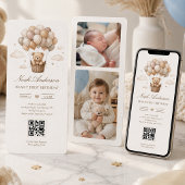 Teddy Bear 1st Birthday | ニュートラル ボホ テーマ QR 招待状