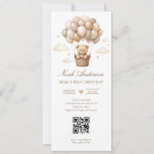 Teddy Bear 1st Birthday | ニュートラル ボホ テーマ QR 招待状 (正面)