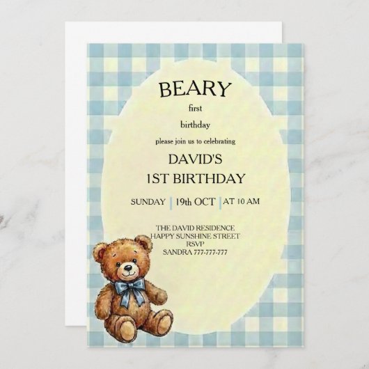 Teddy Bear 1st Birthday 招待状 (正面/裏面)