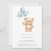 Teddy Bear 1st Birthday Blue Watercolor 招待状 (正面)