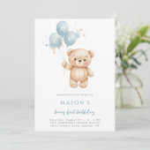 Teddy Bear 1st Birthday Blue Watercolor 招待状 (スタンド正面)