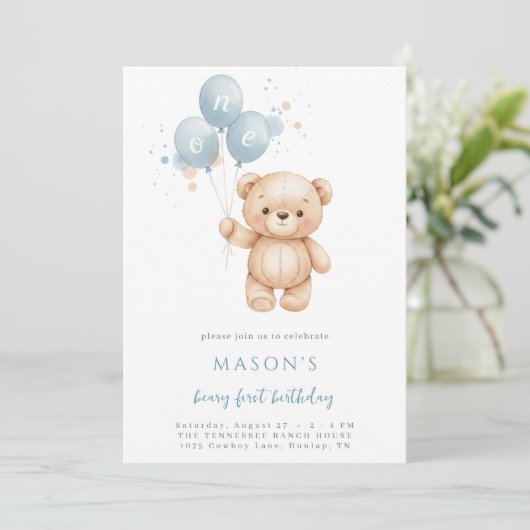 Teddy Bear 1st Birthday Blue Watercolor 招待状 (スタンド正面)