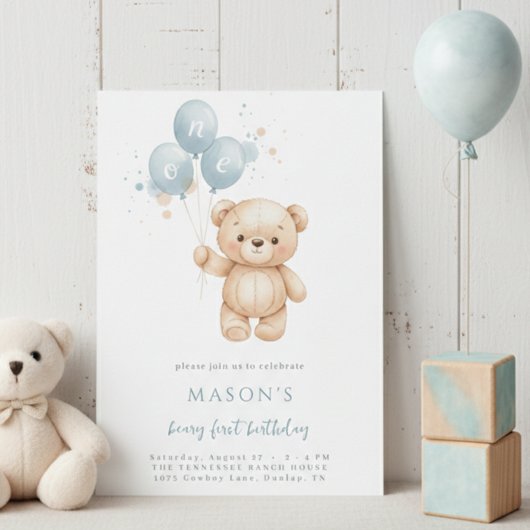Teddy Bear 1st Birthday Blue Watercolor 招待状