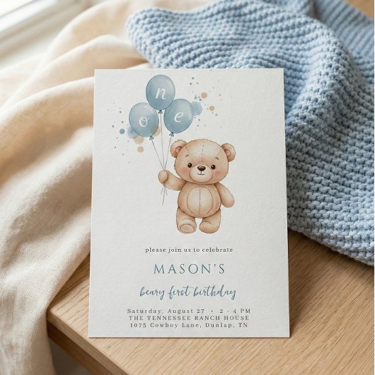 Teddy Bear 1st Birthday Blue Watercolor 招待状